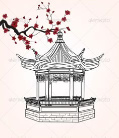 Little Pavilion  #GraphicRiver         Oriental pavilion and sakura branch – EPS 10 vector – Branch Building, Historic Illustration, Sakura Branch, Ancient Drawings, Japanese Art Styles, Art Chinois, Japanese Drawings