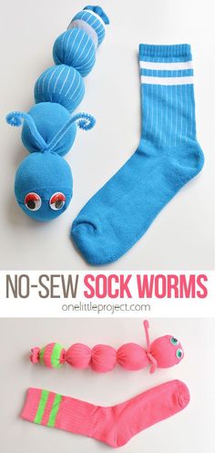 two sock worm toys, one pink and one blue