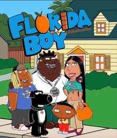 the cartoon family is standing in front of a house with their dog and two children