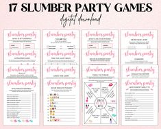 the 17 slumber party games are shown with pink and white text on them,