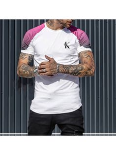 Men Short Sleeve T-shirts, Men's Letter Printing Contrast Stitching Fitness T-shirt White Crew Neck T-shirt With Contrast Sleeves, Cotton Splicing T-shirt For Summer, White Crew Neck T-shirt With Splicing, White Spliced Crew Neck T-shirt, White Short Sleeve Tops With Contrast Sleeves, Sporty Spliced T-shirt For Summer, Pink Contrast Color Short Sleeve Top, Pink Short Sleeve Tops With Contrast Color, Pink Short Sleeve Top With Contrast Color