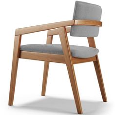 a wooden chair with grey fabric upholstered on the back and armrests