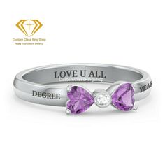 Personalized College Graduation Ring, Custom Class ring, Custom Class Ring for woman | Graduation Ring semi-fine jewelry ✥ 𝐌𝐚𝐢𝐧 𝐒𝐭𝐨𝐧𝐞 𝐃𝐞𝐭𝐚𝐢𝐥𝐬 ↣ Shape: heart and round shape cut ↣ Making Process: Handmade - Crafted by our experienced team ✥ 𝐑𝐢𝐧𝐠 𝐃𝐞𝐭𝐚𝐢𝐥𝐬 ↣ Metal Purity: Solid Gold (10KT, 14KT, 18KT); Silver (925 Sterling, 935 Argentium), 950 Platinum ↣ Metal Tone: Yellow, White, Rose ↣ Stamp/Hallmark: Yes ❃ 𝐒𝐩𝐞𝐜𝐢𝐚𝐥𝐭𝐲 𝐚𝐧𝐝 𝐍𝐨𝐭𝐞𝐬 ↣ Customized Designer Jewelry. ↣ Updating every step of your ordered jewelry. ↣ All listed jewelry in our stores is made to order. ↣ Make jewelry and stone when order placed as all are handmade customization items, so we didn't have in stock. ↣ Listed items images are taken in 12US ring size CAD. ↣ If you order it, we can mak Elegant Personalized Engraved Cubic Zirconia Ring, Sterling Silver Open Ring Birthstone For Anniversary, Vs Clarity Birthstone Ring For Promise, Personalized Diamond Stackable Rings For Anniversary, Promise Heart Cut Ring, Silver Ring For Formal Occasions And Mother's Day, Silver Ring For Formal Occasions On Mother's Day, Sterling Silver Couple Rings In Diamond White As Gift, Diamond White Sterling Silver Couple Rings Gift