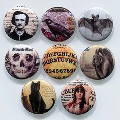 Gothic Macabre Pinback Buttons Cool Magnets, Pin Maker, Pins Ideas, Badge Ideas, Cool Pins, Button Badge, Cute Pins, Button Design, Button Pins