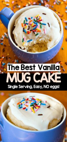 the best vanilla mug cake is in a blue cup with sprinkles on top