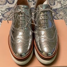 In Good Condition. Comes With Box And Dust Bag Oxford Platform Shoes, Miu Miu Shoes, Brown Silver, Platform Shoes, Miu Miu, Dust Bag, Oxford, Women Shoes, Silver