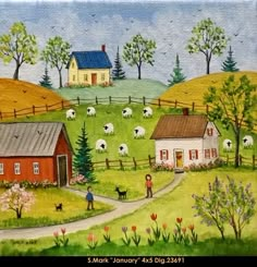 a painting of some houses and animals in a field