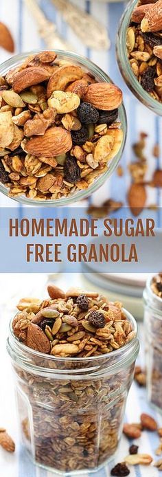 homemade sugar free granola recipe in glass jars with text overlay that says homemade sugar free granola