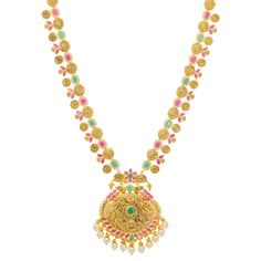 The radiant 22k Indian gold used to create this temple necklace is decorated with a rich assortment of gemstones and beautiful pearls. This elegant piece of Indian gold jewelry is 26 inches in length and weighs 76.6gm. Adorning your neck with the luxury that is this 22k gold necklace is perfect for cultural occasions and events. Features • 22k yellow gold • Cubic zirconia • Emerald • Engraved details • Pearls • Ruby As a leading gold Indian jewelry store in the USA, we are proud to offer a wide Luxury Temple Necklace With Elegant Design, Luxury Gold Temple Jewelry Necklace, Luxury Gold Temple Necklace With Elegant Design, Luxury Multi-stone Temple Jewelry, Luxury Elegant Temple Necklace, Luxury Temple Necklace In Yellow Gold With 17 Jewels, Luxury Gold Long Temple Necklace, Luxury Temple Jewelry With Multi-stone, Luxury Yellow Gold Emerald Temple Necklace