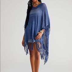 Free People Summer House Crochet Poncho. It’s Nwot The Label Has Been Crossed Out To Prevent Return To The Store.The Color Is Blue.I Put The Sample Of The Other Color. So Cool And Comfy, This Essential Poncho Is Featured In A Lightweight Knit Fabrication And Pullover Design, Complete With A Hood, Front Pocket, And Fun Fringe Detailing For That Breezy, Beachy Look. Effortless, Pull-On Style Wide Sleeves Oversized, Drapey Fit Care/Import Hand Wash Cold Import Contents 100% Viscose Blue Fringe Poncho One Size, Blue One-size Poncho With Fringe, One Size Blue Poncho With Fringe, Blue One-size Poncho For Vacation, Blue Bohemian Poncho, Blue Bohemian Poncho For Beach Cover-up, Bohemian Blue Poncho For Beach Cover-up, Blue Bohemian Poncho For Beach, Crochet Hooded Poncho