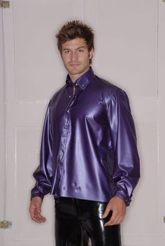 Mans Latex shirt with long sleeves. Shirt is loose fitting with press down fastening. Shirt is made in 0.33 British sourced latex sheeting . It is stitched and glued. Please refer to size chart for sizing. Available in most colours. Satin Clothes, Satin Blouses, Long Sleeved Shirt, Satin Shirt, Mens Costumes, Silk Shirt, Long Sleeve Shirts, Loose Fitting, Mens Outfits