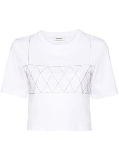 Find SANDRO Diamond Rhinestone-detailed T-shirt on Editorialist. white organic cotton blend lightweight jersey rhinestone embellishment crew neck short sleeves straight hem cropped This item is made from at least 50% organic materials. Learn more about what makes a product Conscious on our Conscious Criteria page Casual Crew Neck T-shirt With Rhinestones, White Embellished Crew Neck T-shirt, Luxury Embellished Short Sleeve T-shirt, Spring Short Sleeve Rhinestone T-shirt, Cotton Short Sleeve T-shirt With Rhinestones, Yoko London, City Dress, Iconic Bags, Summer Beach Wear