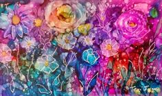 an abstract painting with flowers and plants in purple, blue, pink and yellow colors