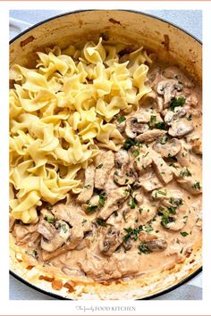 pasta and mushroom sauce in a skillet ready to be eaten with the rest of the meal