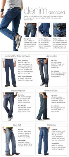 Means Jeans Outfit, Different Types Of Jeans Men, Mens Fashion Vocabulary, Pant Types Men, Jeans Fitting Guide Men, Type Of Pants For Mens, Men Jeans Trend 2023, Dark Denim Outfit Men, How To Style Jeans Men