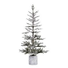 a small white christmas tree in a cement pot with snow on the top and bottom