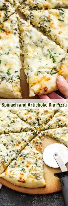 the spinach and artichoke dip pizza is cut into four slices with a knife