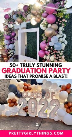 graduation party decorations and balloons with the words graduation on it in pink, purple, white and