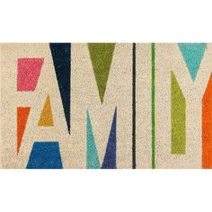 the word family written in multicolored letters on a door mat that has been painted onto