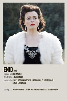 an advertisement for the film end with a woman in black dress and white fur coat