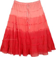 Flamingo Ombre Knee Length Summer Skirt with Tiers | Short-Skirts | Pink | Junior-Petite, Misses, Solid Red Relaxed Skirt For Summer, Casual Red Summer Skirt, Red Relaxed Fit Skirt For Summer, Red Cotton Long Skirt, Red Long Skirt For Summer, Red Cotton Flared Skirt, Red Flared Cotton Skirt, Red Cotton Mini Skirt, Red Bohemian Cotton Skirt