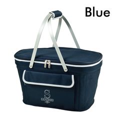 a blue cooler bag with white handles and straps on the side, in front of a white background