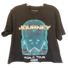 Journey Rock Band T-Shirt Cropped Size Small 100% Cotton, Preshrunk Small Chest 19” Length 21” Medium Chest 20” Length 21” Large Chest 22” Length 21” Licensed Music T-Shirt Brand New Short Sleeve T-Shirt Journey Rock Band World Tour 1983 Graphic T-Shirt Casual Distressed T-shirt For Music Festivals, 90s Band Logo Top With Relaxed Fit, Distressed Short Sleeve Tops For Music Festivals, 90s Relaxed Fit Top With Band Logo, Distressed Grunge Tops For Music Festivals, Grunge Distressed Tops For Music Festivals, Grunge Text Print Top For Music Festivals, Cropped Tee Shirt, Band Outfits