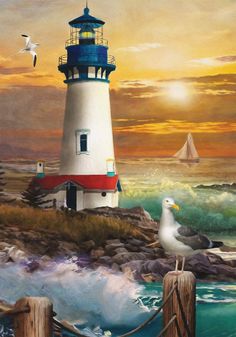 a painting of a lighthouse with seagulls flying around it