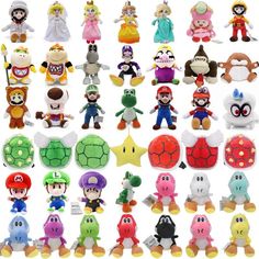 many different types of stuffed toys are shown in this image, including mario and luigi