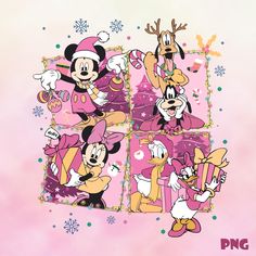 the cartoon characters are posing together for a group photo with snowflakes in the background