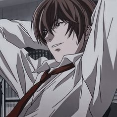 an anime character with his arms up in the air, wearing a white shirt and brown tie