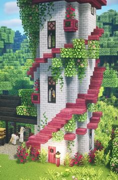 a very tall building with plants growing on it's side and stairs leading up to the top