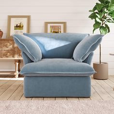 a blue chair sitting on top of a wooden floor next to a potted plant