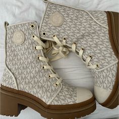 New. Michael Kors Monogram Boots Vanilla Monogram Boots, Michael Kors Shoes, Boot Sandals, Shoes Heels Boots, Michael Kors Monogram, Shoes Women Heels, Heeled Boots, Vanilla, Shoes Heels