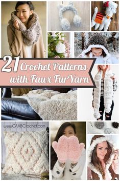 crochet patterns with faux fur yarn for hats, scarves and mittens