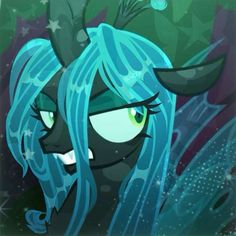 an animated pony with blue hair and green eyes