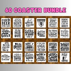 a wooden table topped with lots of coasters covered in different types of words and phrases