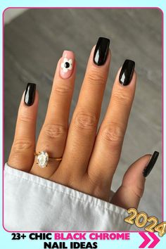 Chic short coffin nails with black polish and a floral accent. This fun, stylish design balances elegance with a playful touch. Perfect black chrome nails for mixing up your look with a hint of whimsy. Black Fall Nails, Mixed Manicure, Red Summer Nails, Fall Nails Ideas, Black Nails With Glitter, Orange Nail Designs