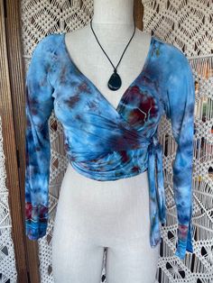 Gorgeous long sleeve cropped wrap top hand tied & ice dyed in earthy blues  Handmade in San Francisco by Gratefully Threaded of super soft rayon bamboo Junior size Large Hippie Long Sleeve Crop Top, Bohemian Hand Dyed Long Sleeve Tops, Bohemian Hand Dyed Tops For Fall, Bohemian Long Sleeve Fitted Crop Top, Bohemian Fitted Long Sleeve Crop Top, Tie Dye Long Sleeve Tops For Festival, Blue Hand Dyed Bohemian Tops, Hand Dyed Blue Bohemian Tops, Blue Bohemian Hand Dyed Top