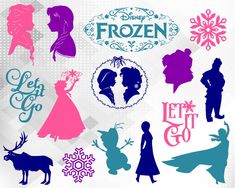 silhouettes of frozen princesses and snowflakes with the words let it go