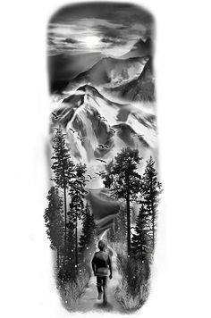 a black and white drawing of a man walking down a trail in the woods with mountains behind him