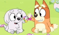 two cartoon dogs standing next to each other on a green field with flowers and butterflies