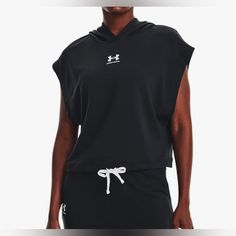 Under Armour Women's Standard Rival Terry Short Sleeve Hoodie, (001) Black / / White, Medium Under Armour Short Sleeve Hoddie, Short Sleeve Hoodie, Sleeveless Hoodie, Fleece Shorts, Hem Style, Under Armour Women, Active Wear Tops, Colorful Hoodies, Black Hoodie