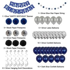 blue and silver party supplies for a birthday