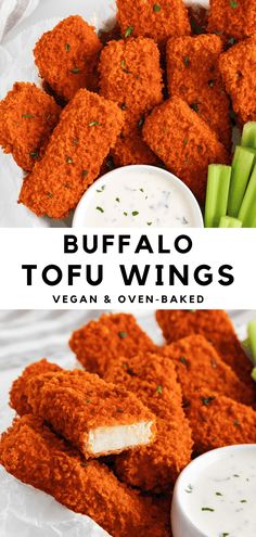 buffalo tofu wings are served with ranch dip and celery sticks for dipping