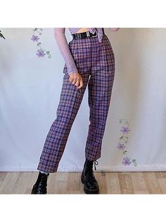 ⭐️ Chic Bottoms, Casual Retro Plaid Trousers Plaid Trousers, Cotton Blend, Trousers, Plaid, Purple