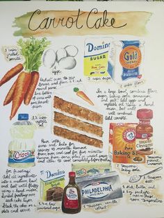 a drawing of carrot cake with ingredients on it