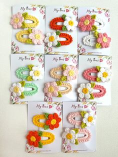 crochet flower hair clips are shown in different colors and sizes, with the words my mom written on them