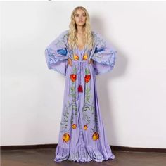 This Exclusive Maxi Dress Is An Authentic Masterpiece. It Is Made Of Cotton And Linen With Rich Handmade Floral Embroidery. It Has Adjustable Waist, V-Neck And Long Sleeves. It Is Just Like The 'Strange Magic Dress' For Almost $400 From Fillyboo And Free People. Unbranded 100% Cotton Embroidery Throughout Oversized & Designed To Fit All On Constant Restock. Ships In 8-10 Days! Purple Boho Dress, Bohemian Floral Dress, Flower Embroidered Dress, Embroidered Dress Boho, Embroidered Kimono, Bohemian Flowers, Tassel Dress, Goddess Dress, Mode Boho