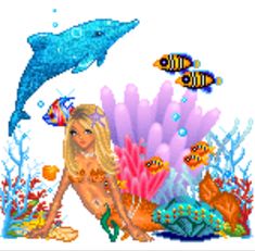 an image of a woman in the ocean with dolphins and fish